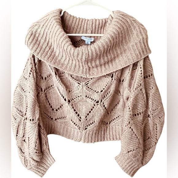 FAVLUX Tan Cowl Neck Cropped Sweater with Diamond Knit - Picture 2 of 8
